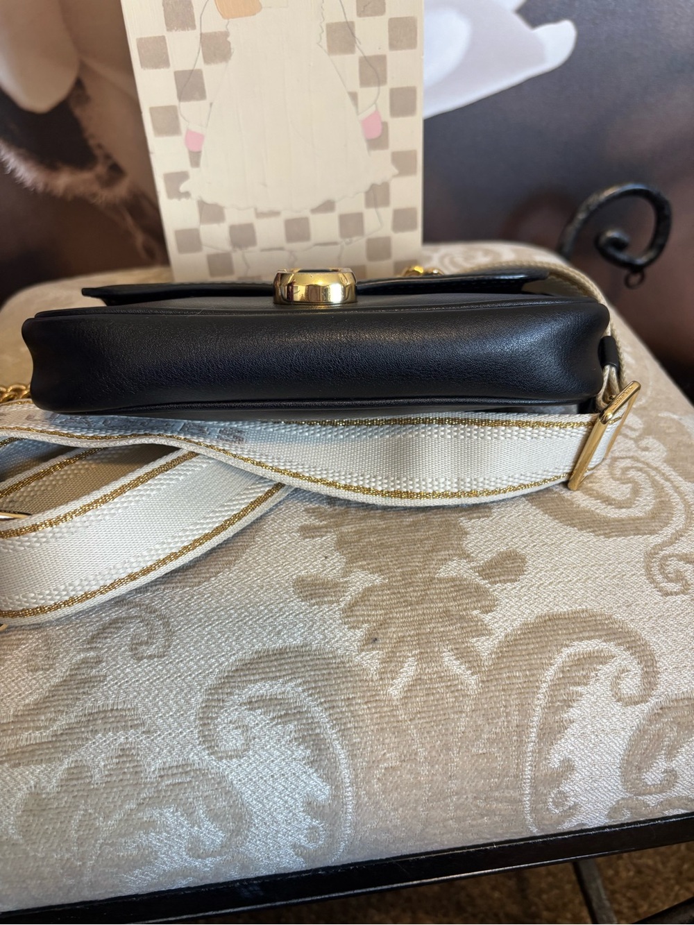 Marc Jacobs Black Leather Crossbody with Gold Chain and Branded Cream Strap - Picture 8 of 13